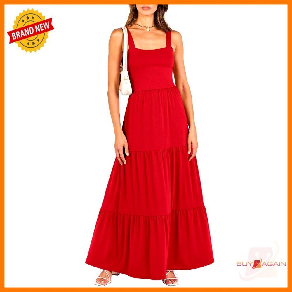 Sleeveless Square Neck Maxi Dress Flowy Tiered Boho Casual with Pockets